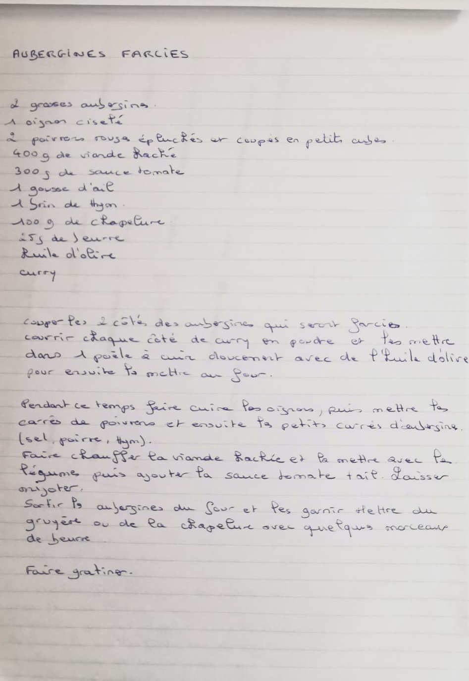 Recette manuscrite d'aubergines farcies